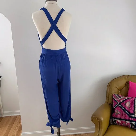 Lulus Lolinda Halter Convertible Jumpsuit Size Medium Blue Gauze - Picture 8 of 13